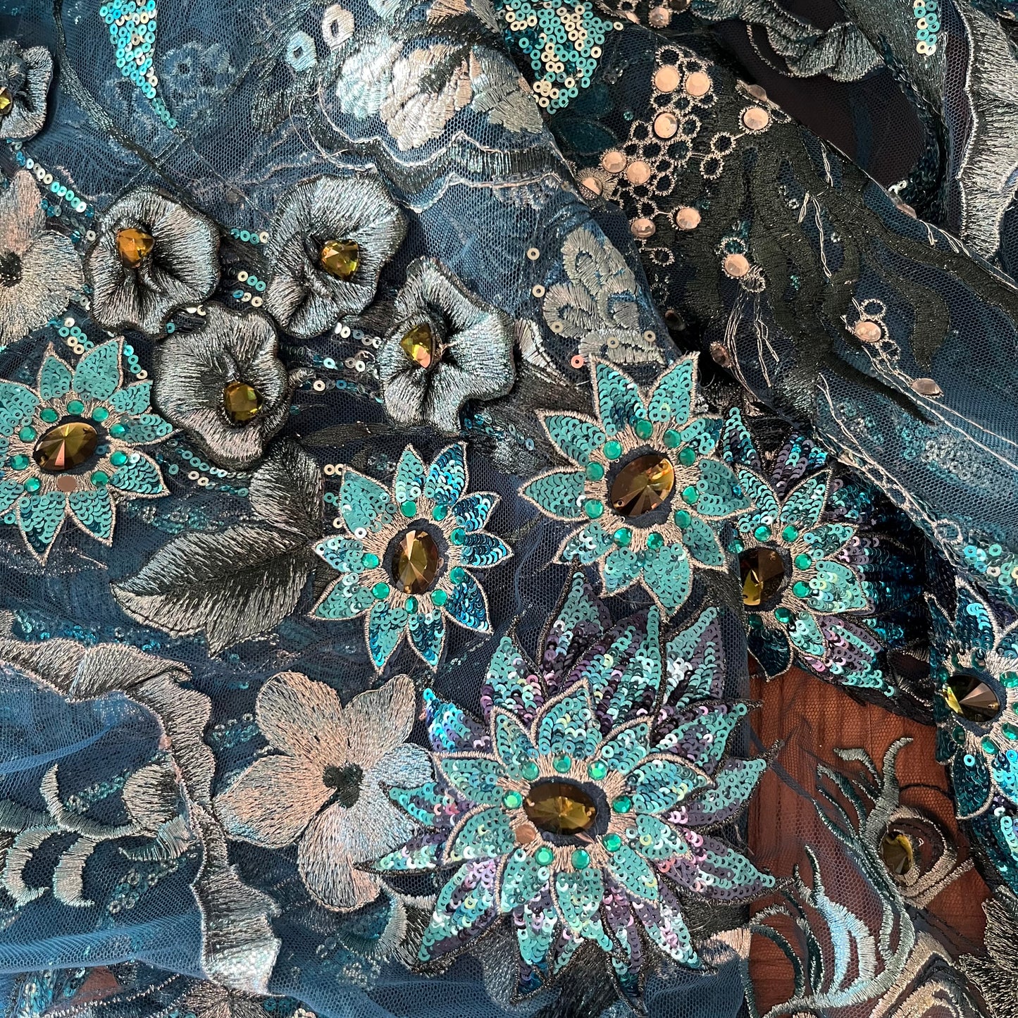 3m teal embroidered and sequin 3D flower mesh