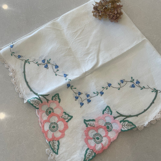 Vintage linen hand embroidered cloth with crochet edging