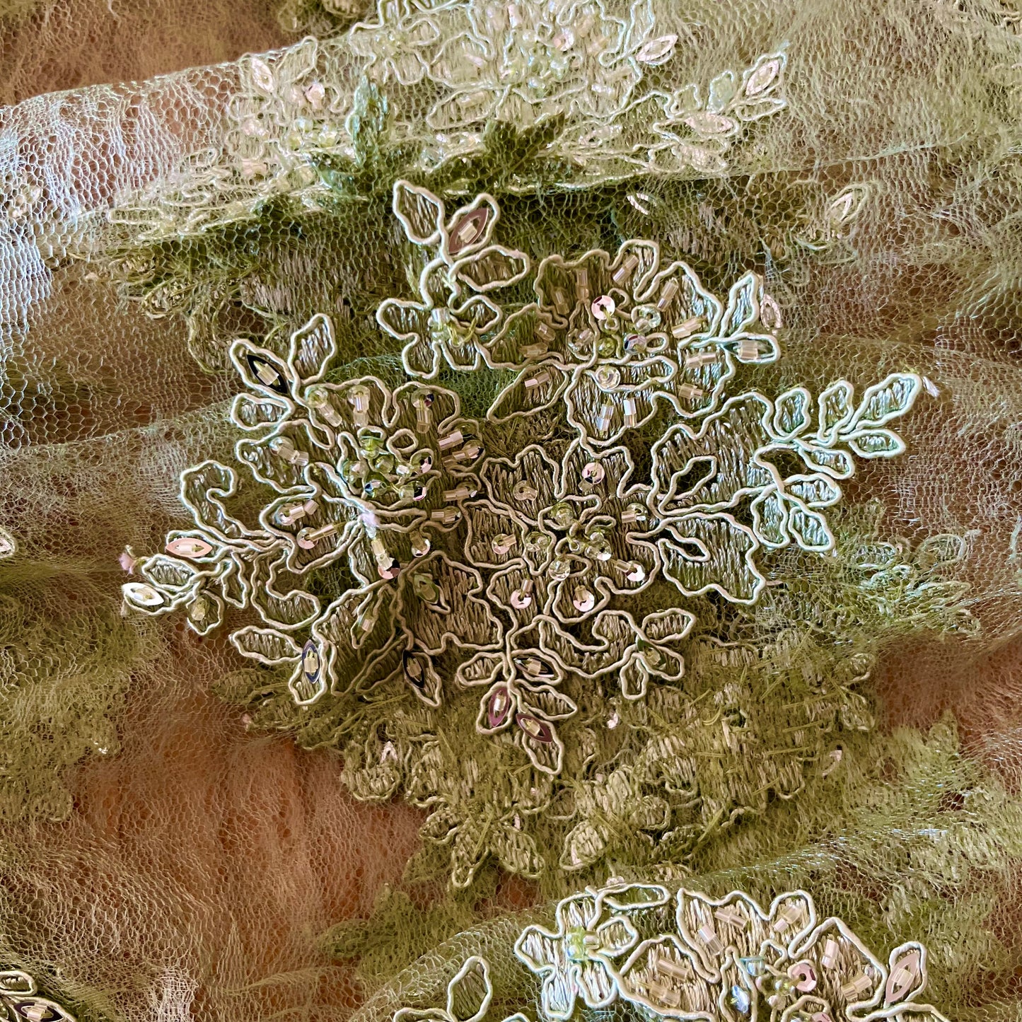 3.8m sage green corded beaded lace poly + glass
