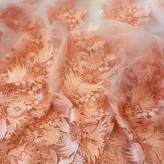 1.9m peach  3D flower embroidered tulle