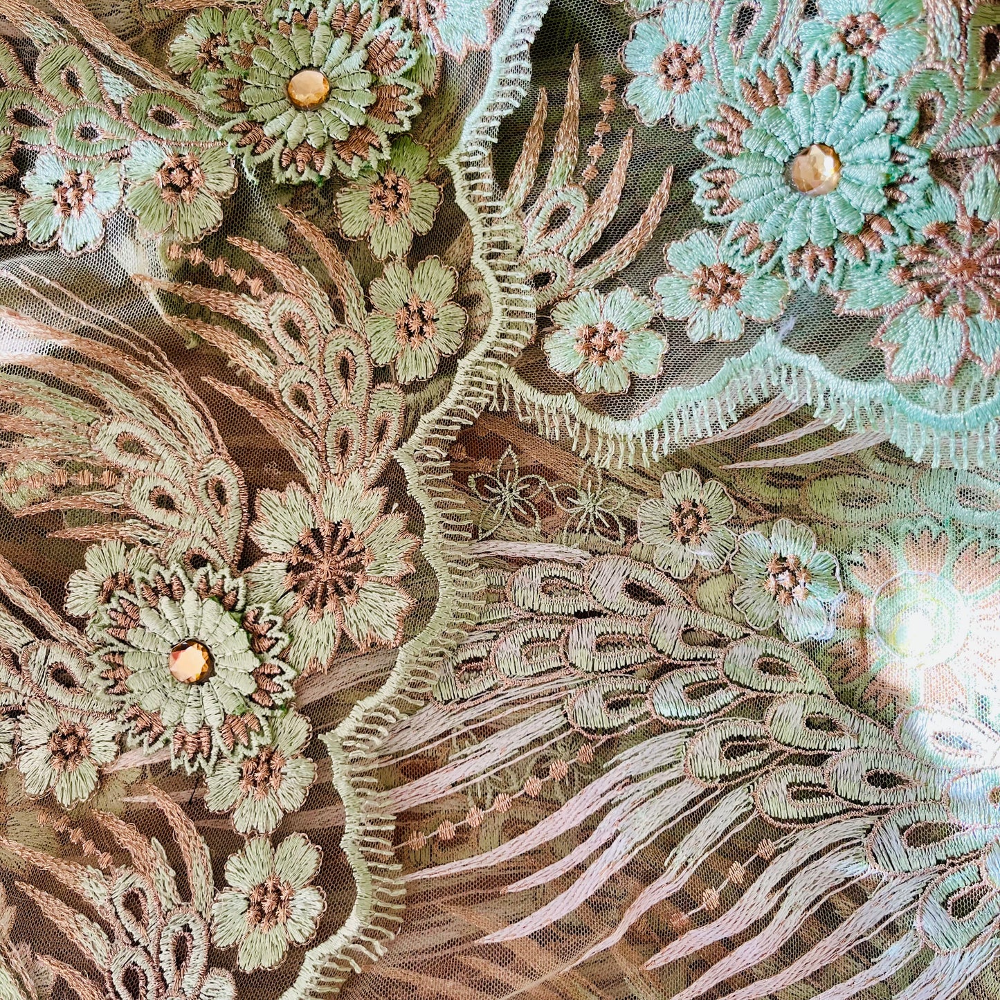 2.7m Mint and Gold Embroidered 3D mesh with diamantés poly Lurex