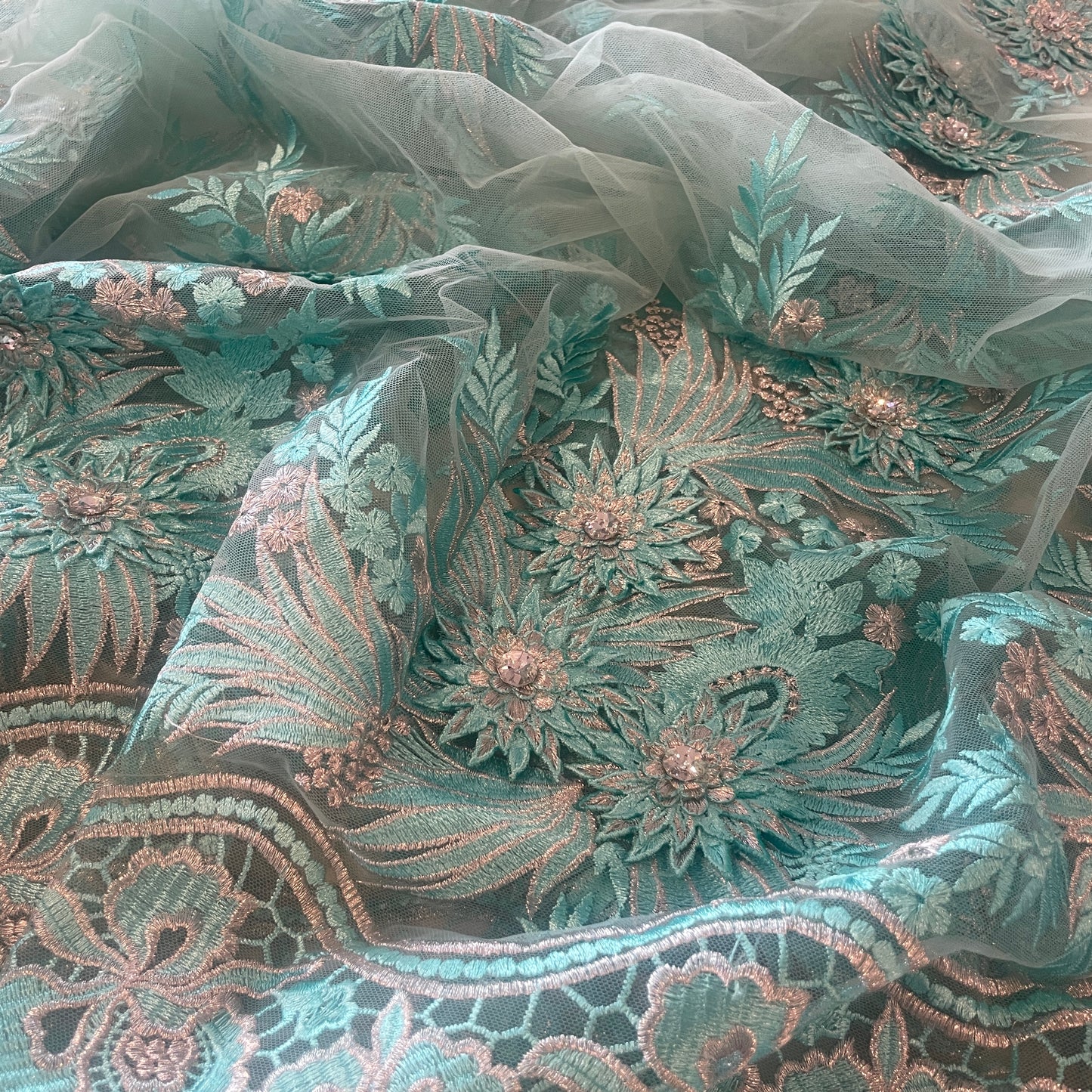 1.7m vibrant aqua and silver embroidered 3D mesh with diamantés