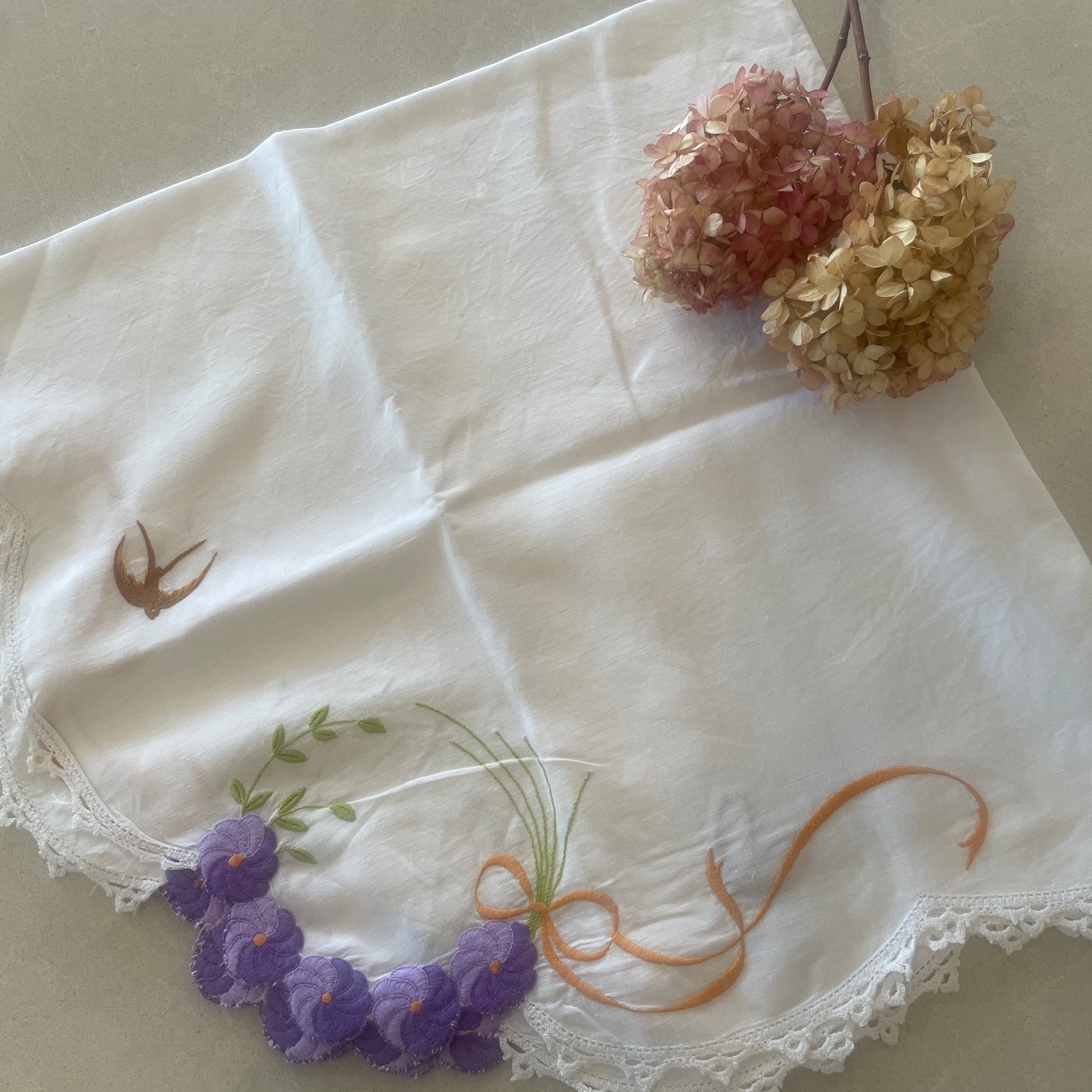 purple pansies hand embroidered table cloth