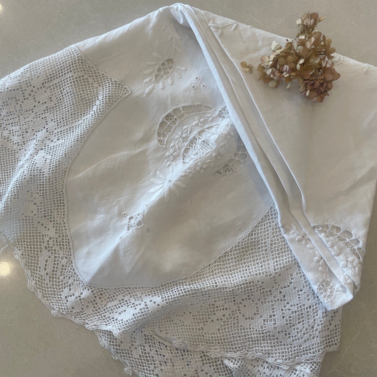 Beautiful antique cut work cloth with crochet edge