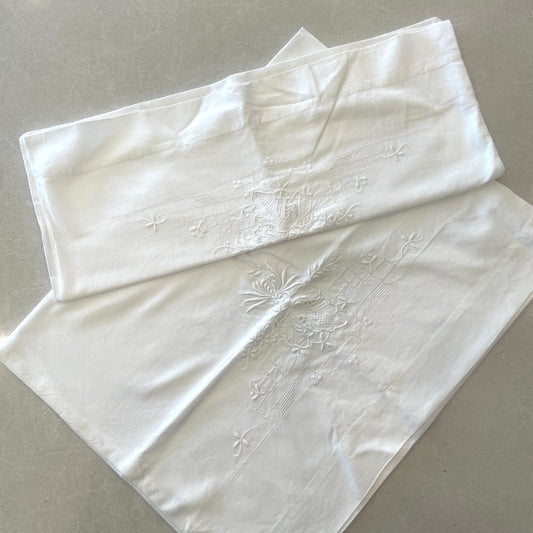 Pair of vintage embroidered linen pillow slips