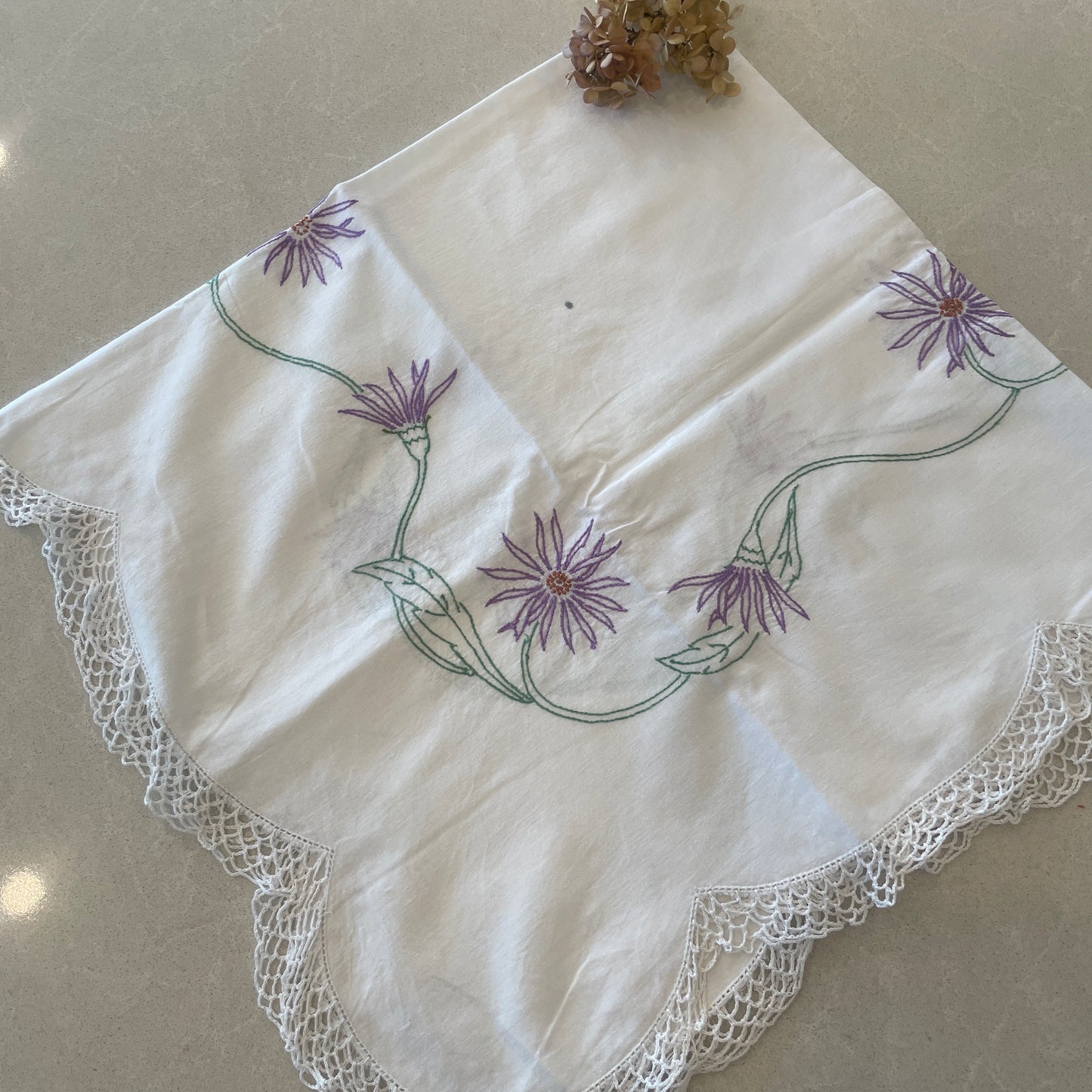 vintage scallop edge purple floral embroidered tea cloth
