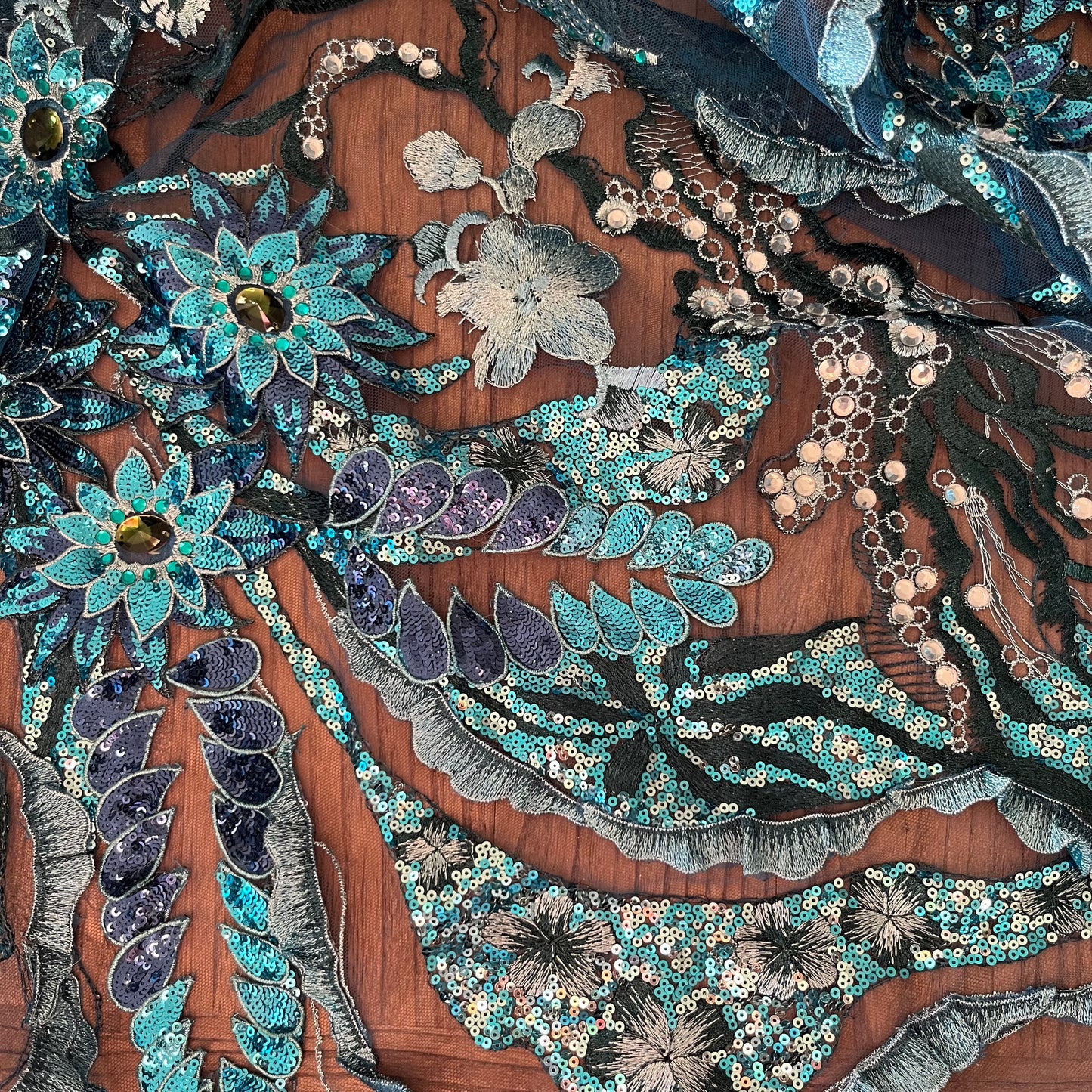 3m teal embroidered and sequin 3D flower mesh