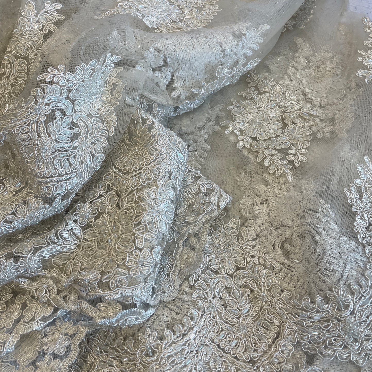 4m oyster white beaded corded lace mesh