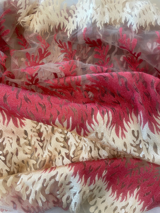 1.3m red and gold flames lurex lace