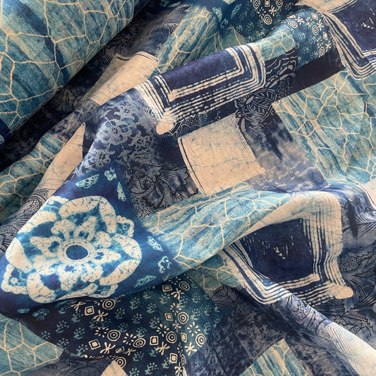 Indigo stamps mid weight linen