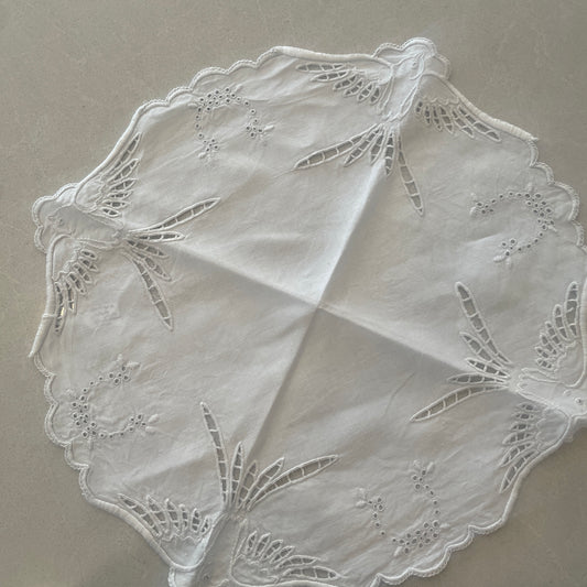 Antique white work embroidered birds table centre