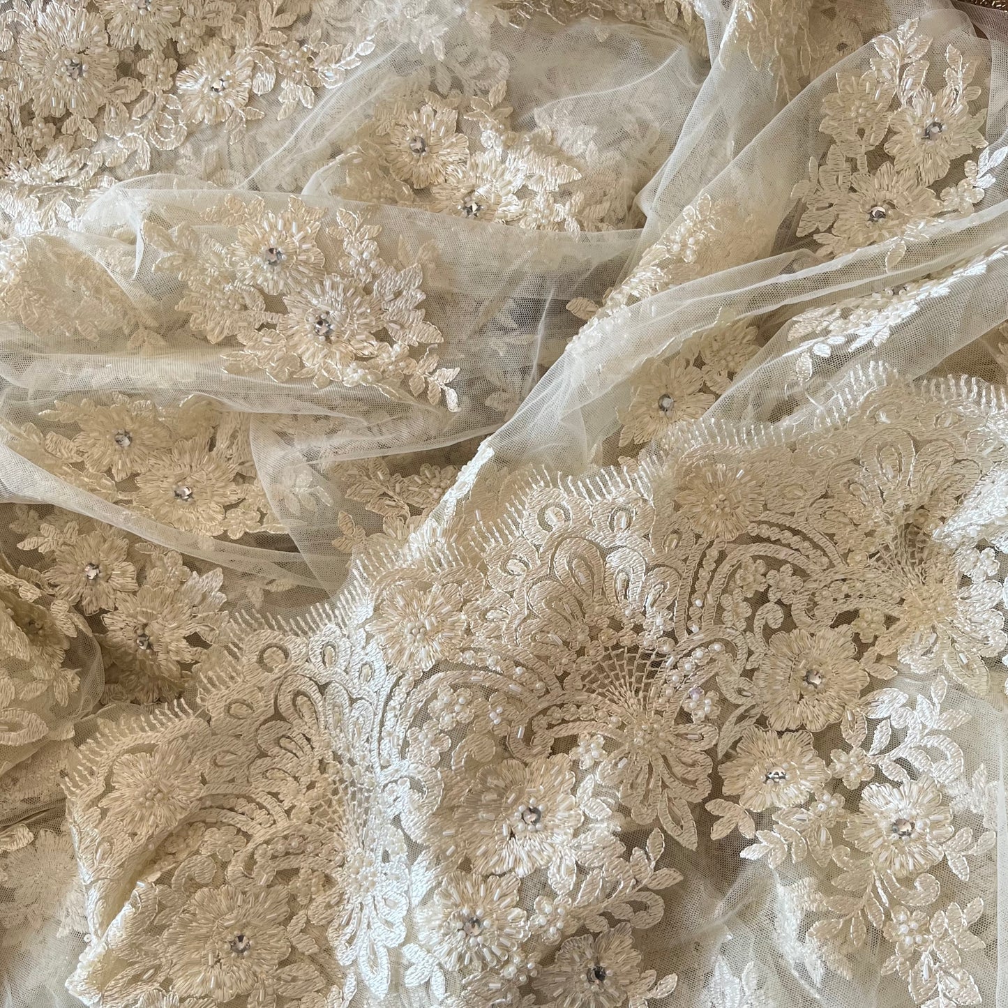 3.8m Cream Embroidered Motif Beaded Tulle