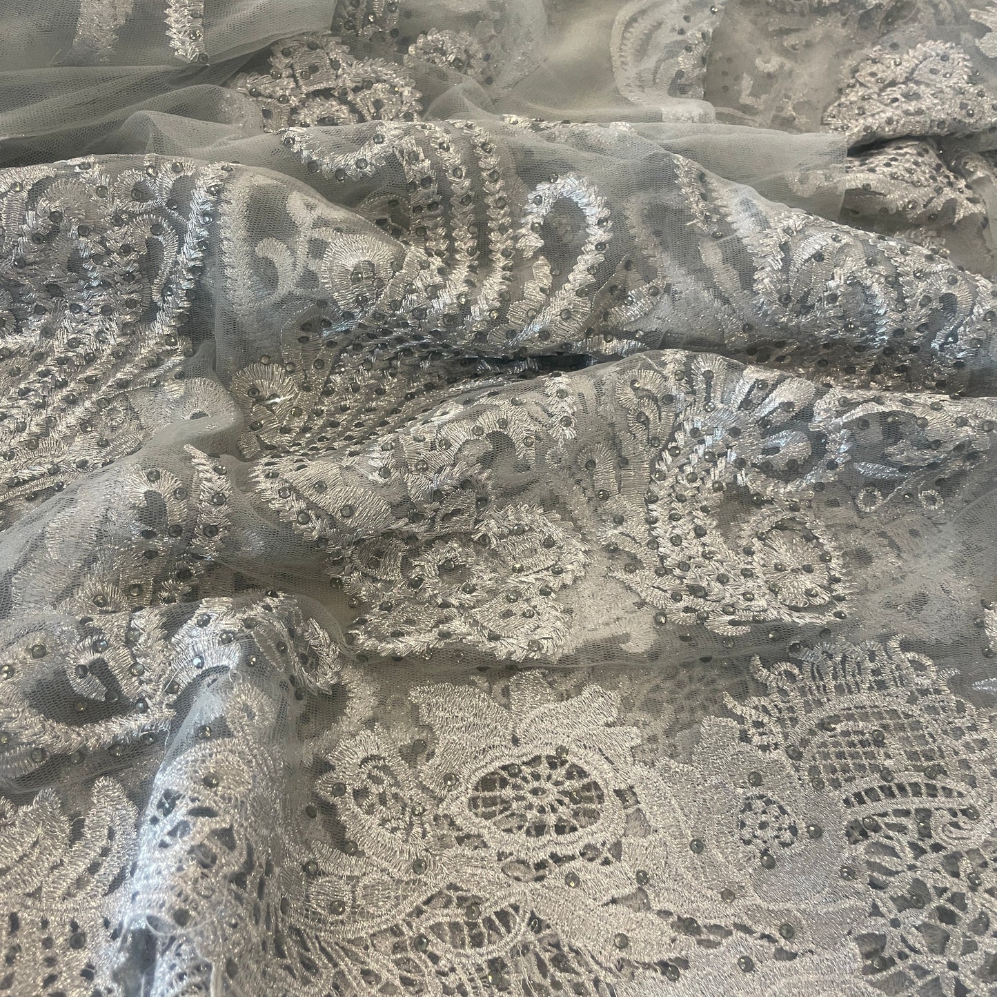 4.6m metallic silver diamante studded embroidered tulle