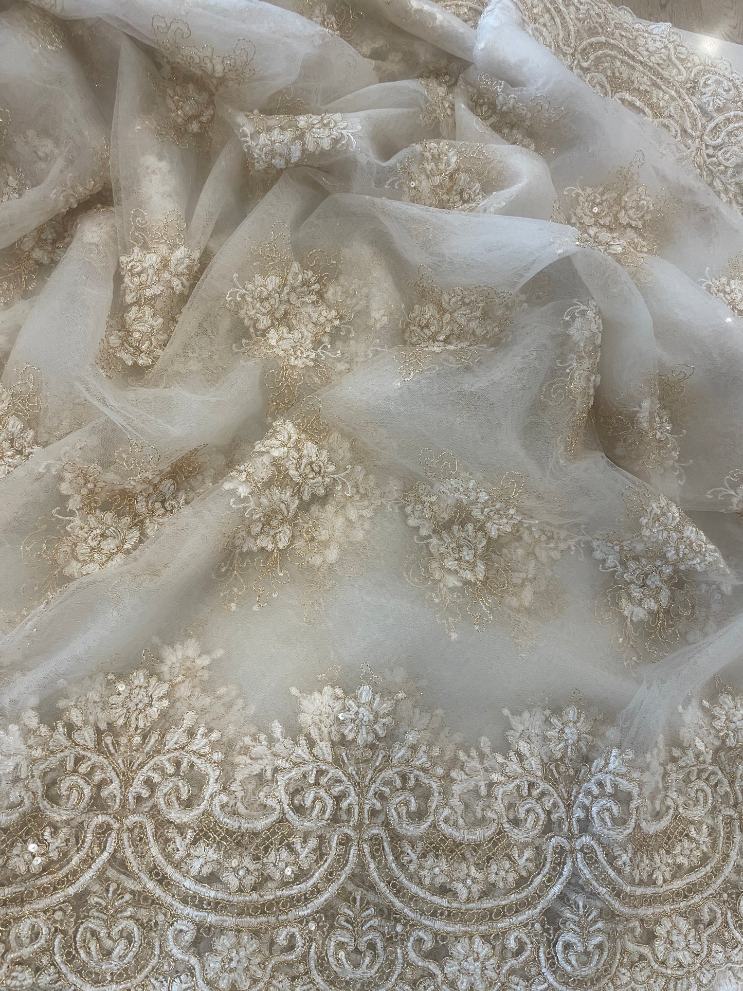 4.6m white and gold beaded embroidered tulle