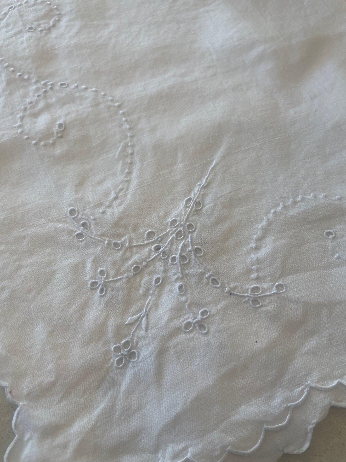 Vintage linen hand embroidered cut work table centre