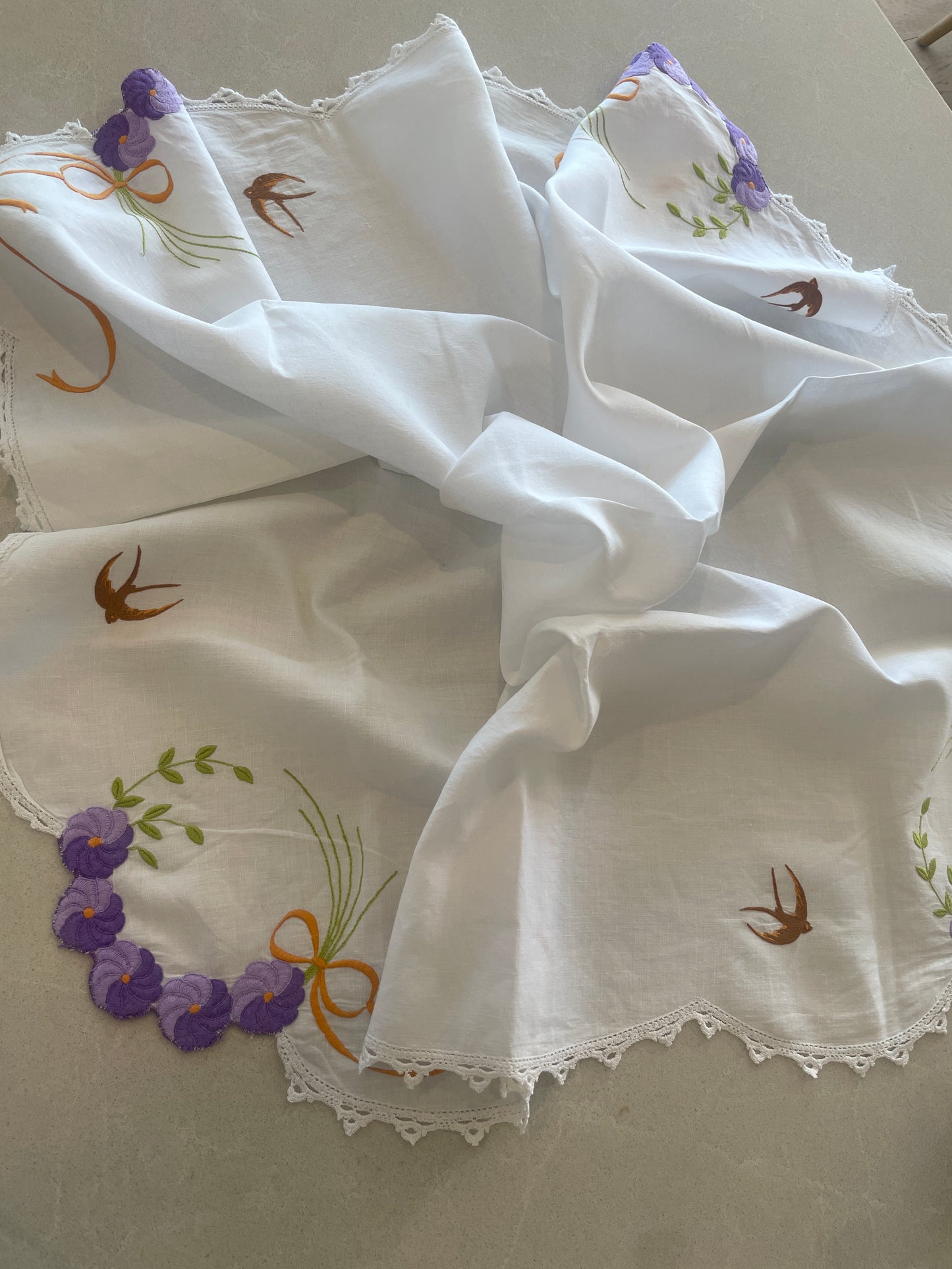 purple pansies hand embroidered table cloth