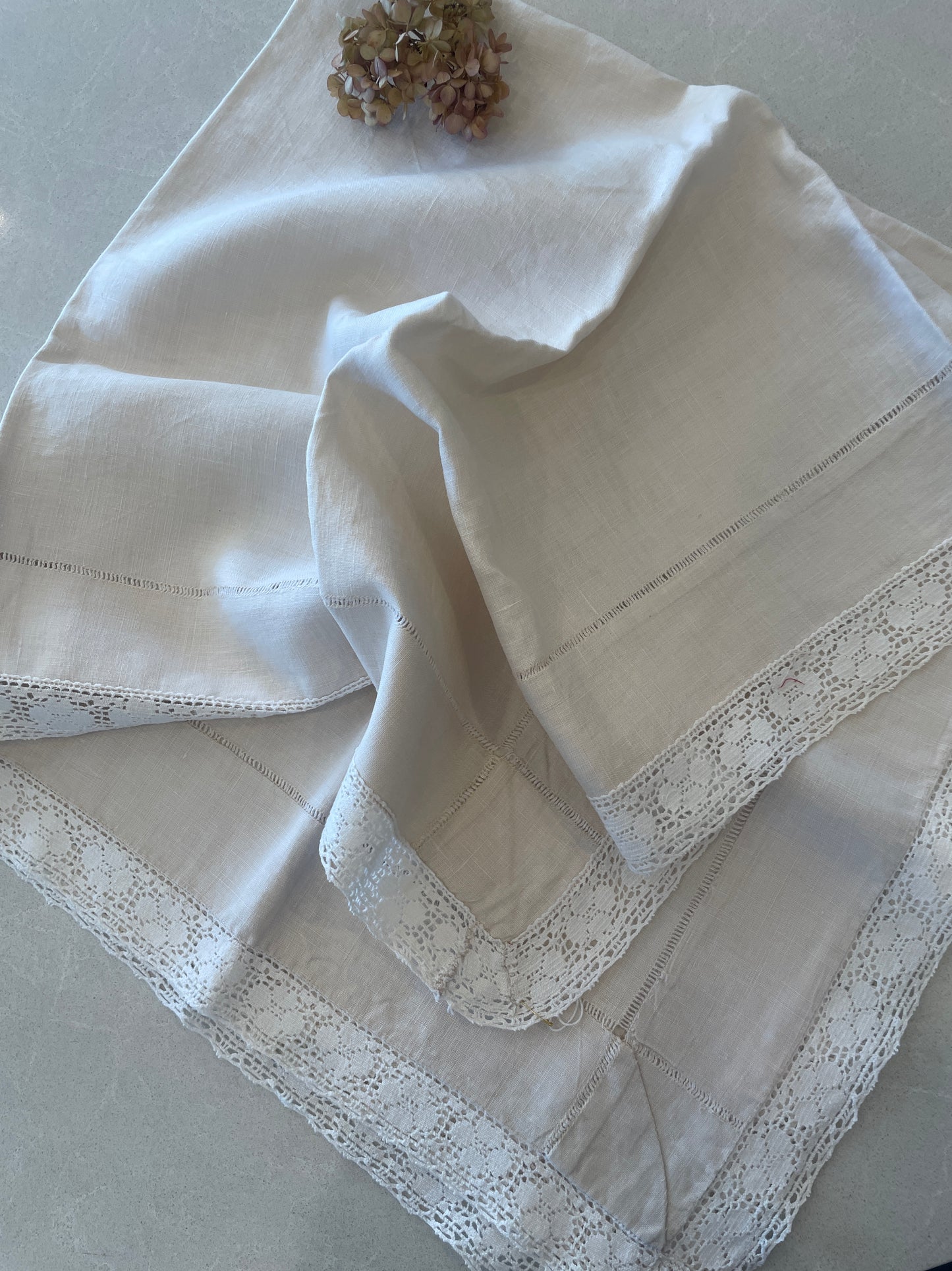 cream linen heirloom stitches crochet edge cloth