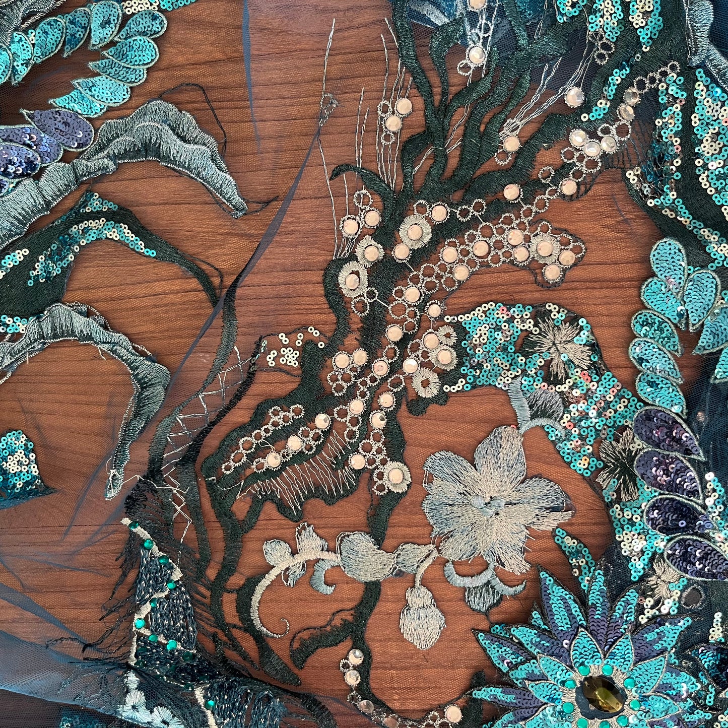 3m teal embroidered and sequin 3D flower mesh