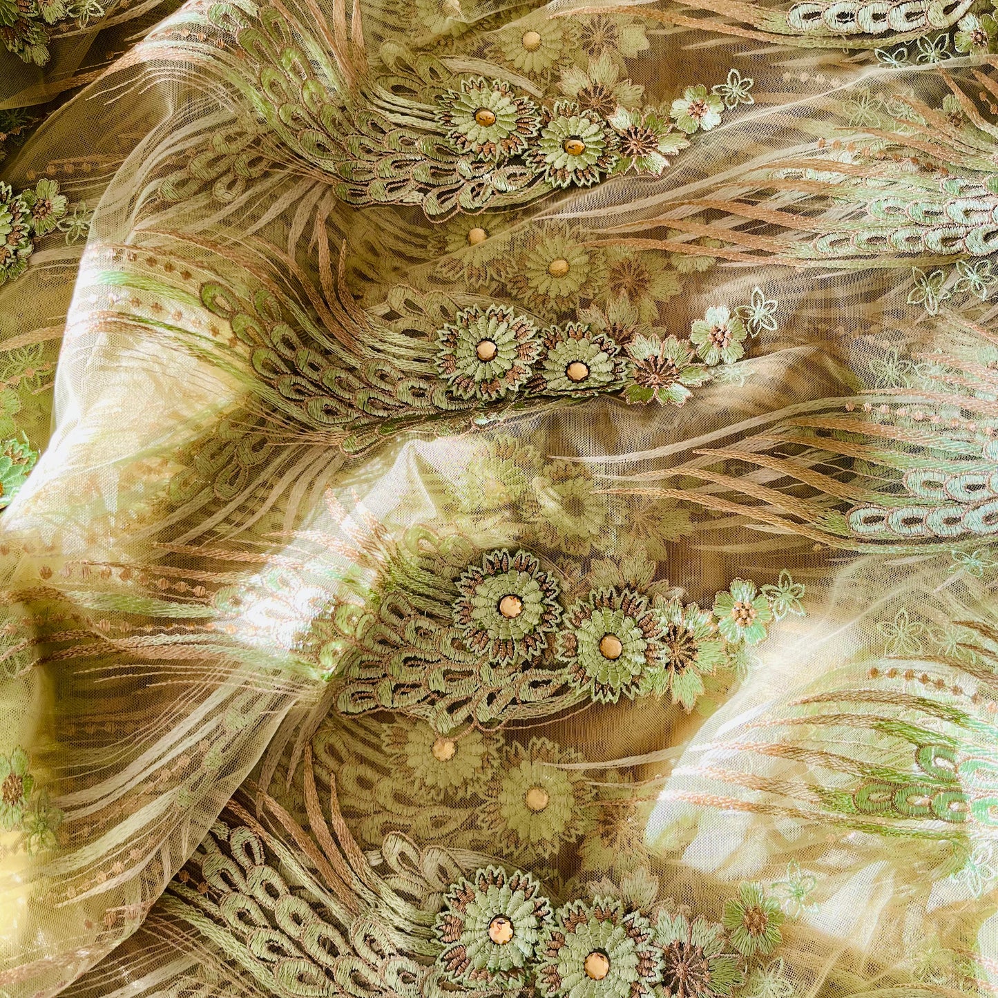 2.7m Mint and Gold Embroidered 3D mesh with diamantés poly Lurex