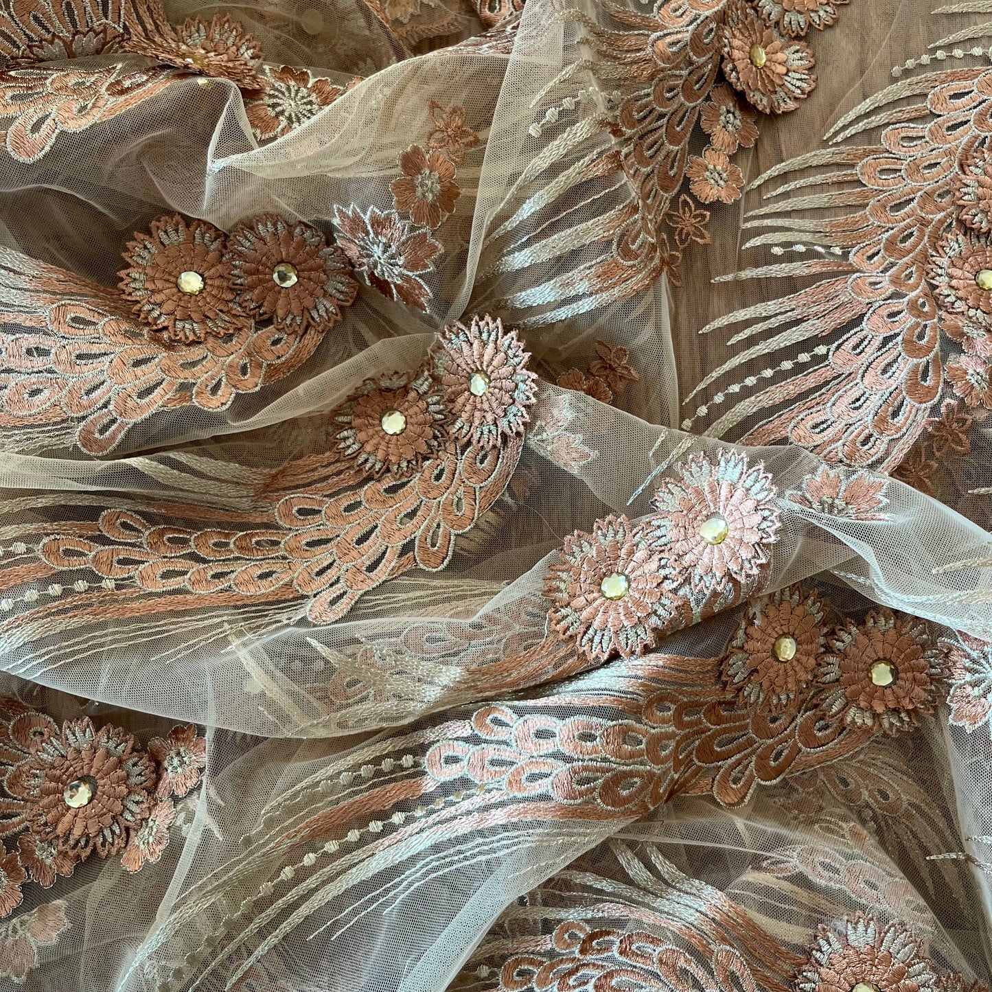 1.9m Teracotta 3D Embroidered Diamanté Mesh poly Lurex
