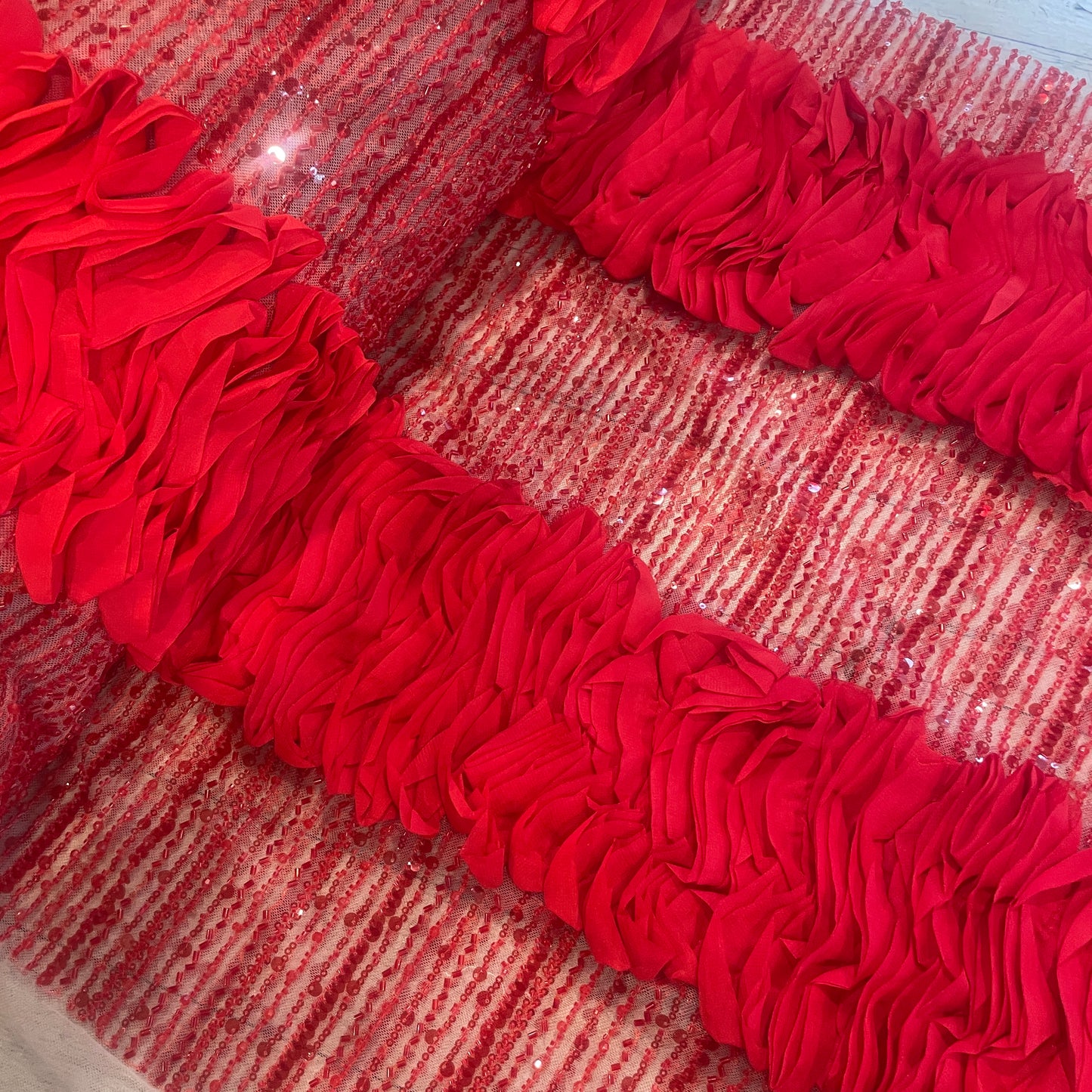 Scarlet ruffle beaded tulle