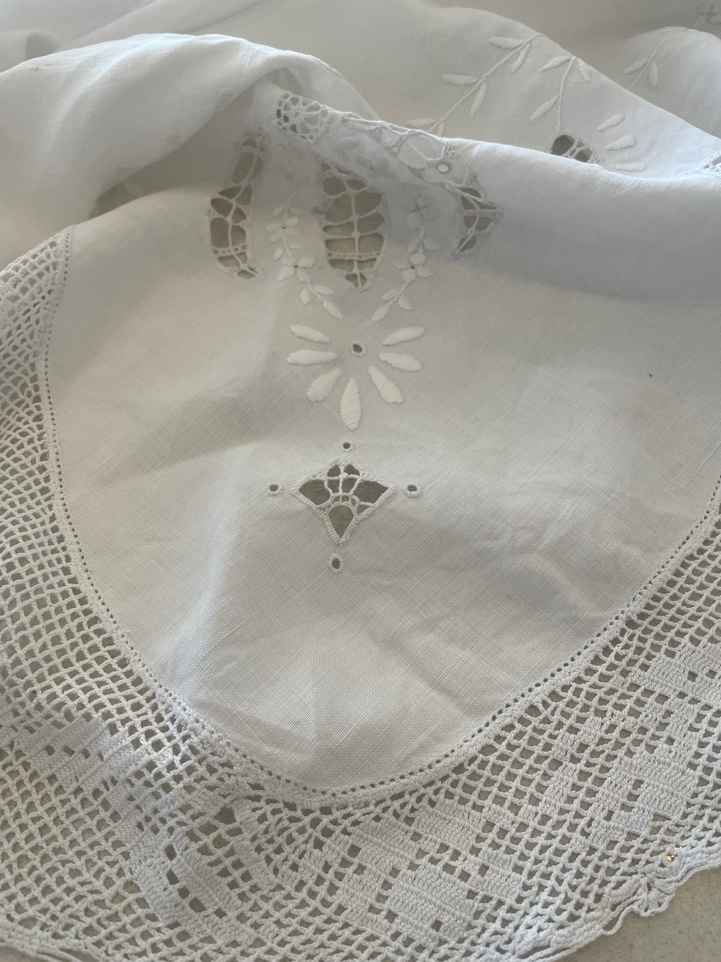 Beautiful antique cut work cloth with crochet edge