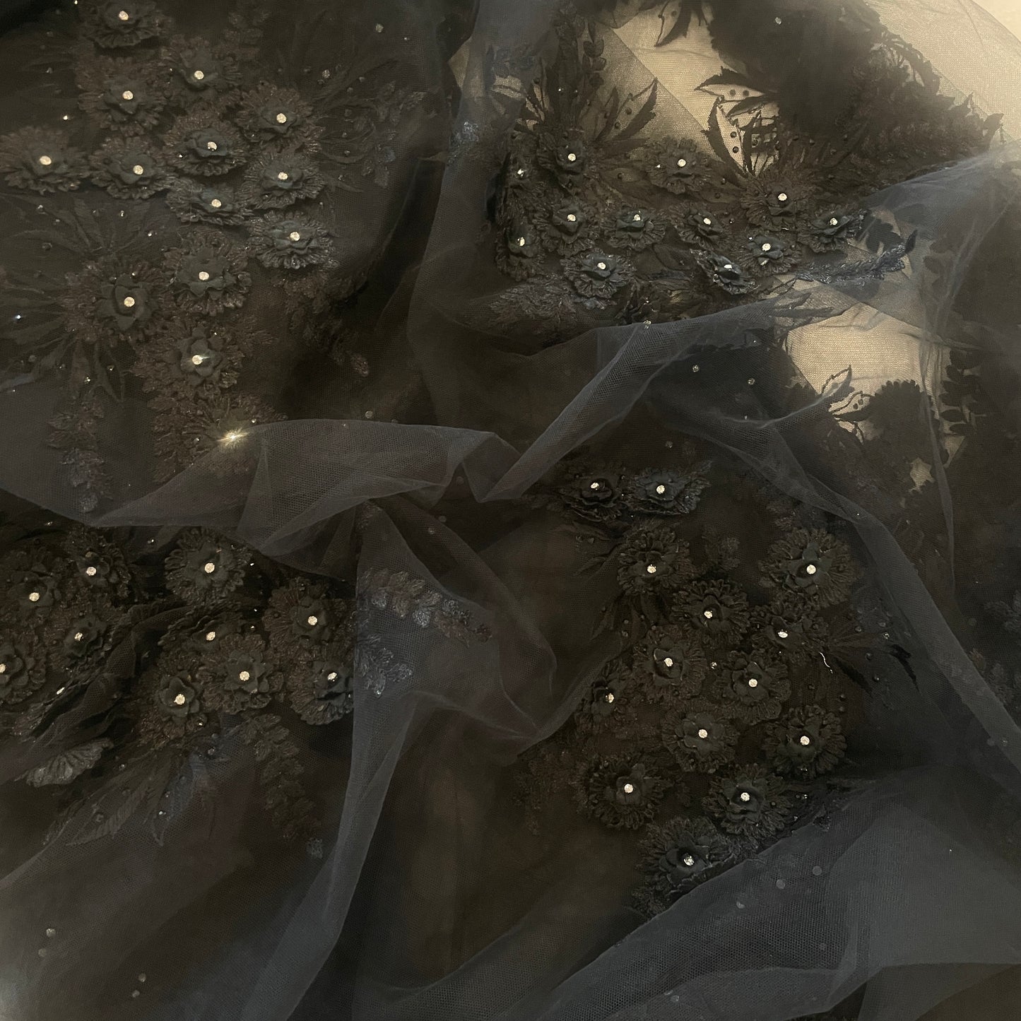 4m black 3D flower embroidered tulle