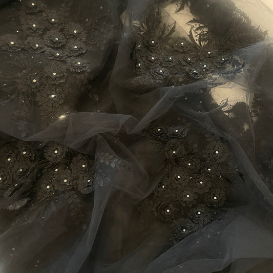4m black 3D flower embroidered tulle