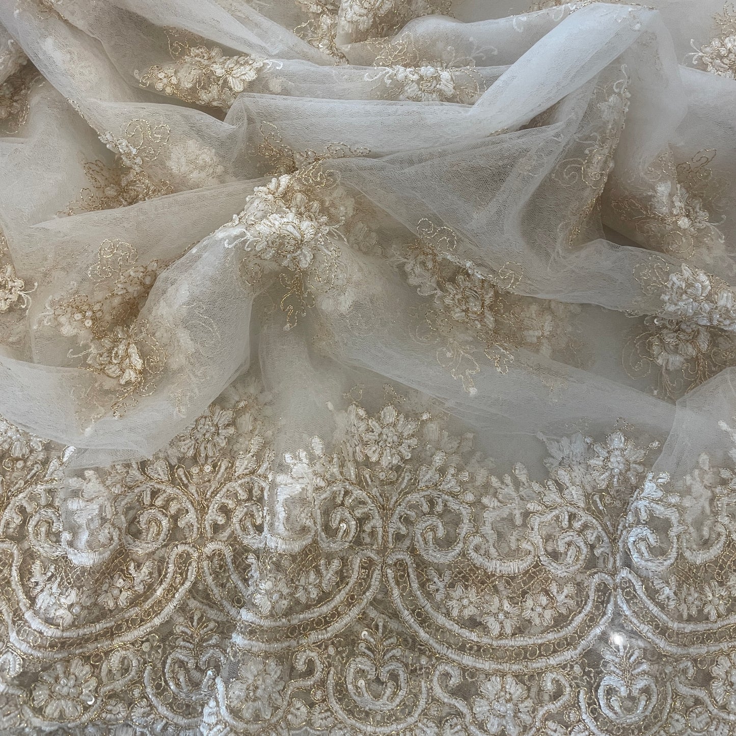 4.6m white and gold beaded embroidered tulle
