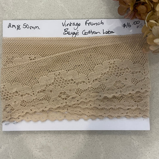2m vintage French light beige cotton lace #53
