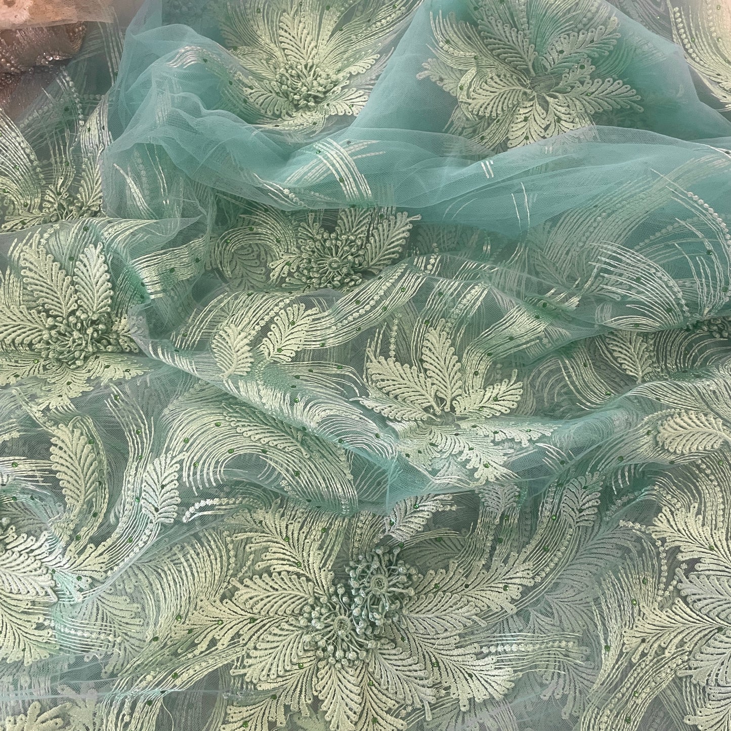 3.3m mint green 3D embroidered diamante tulle