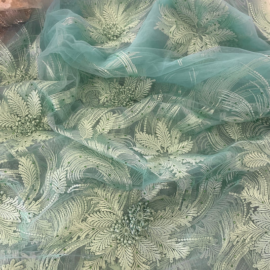 3.3m mint green 3D embroidered diamante tulle