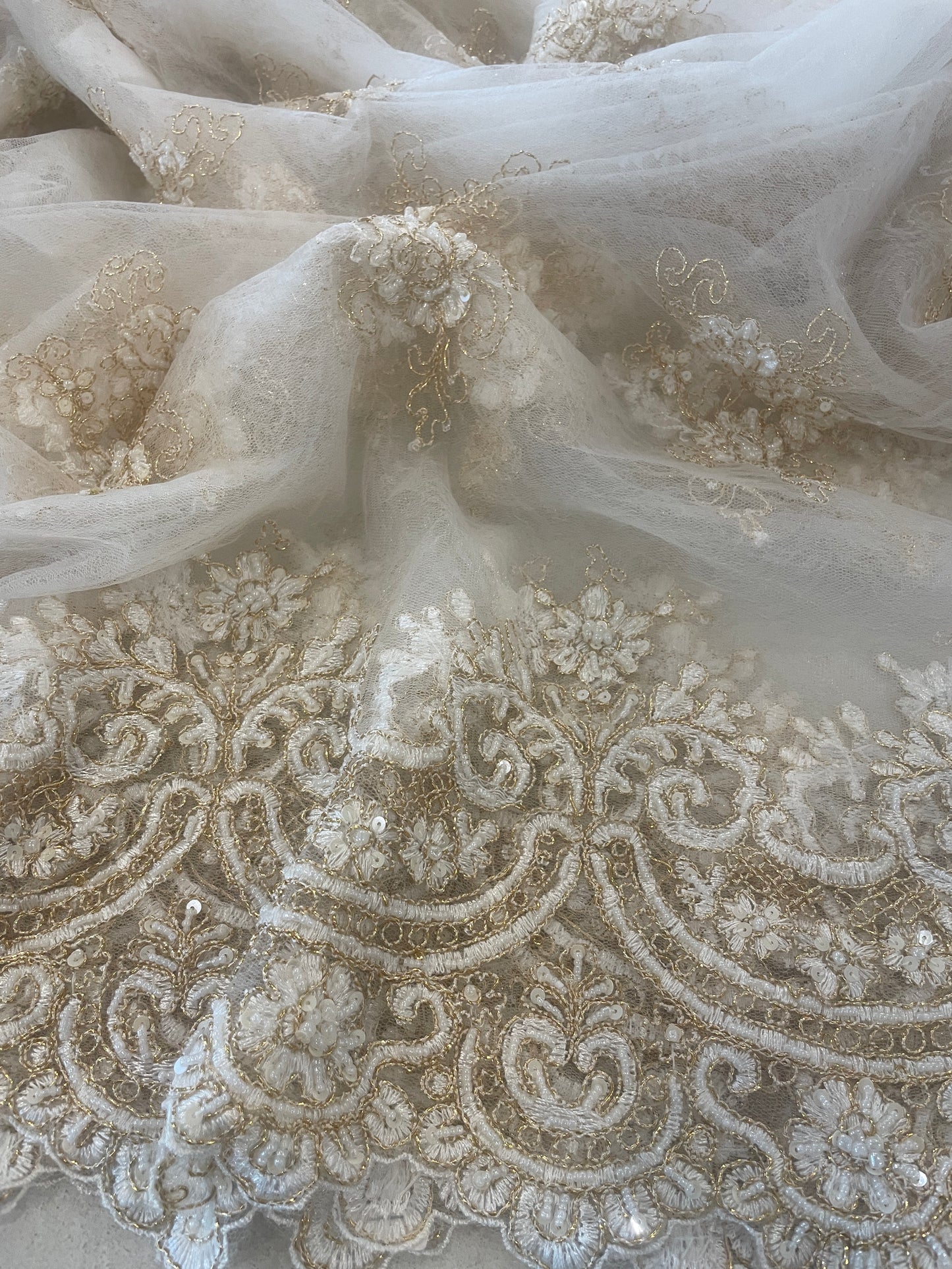 4.6m white and gold beaded embroidered tulle