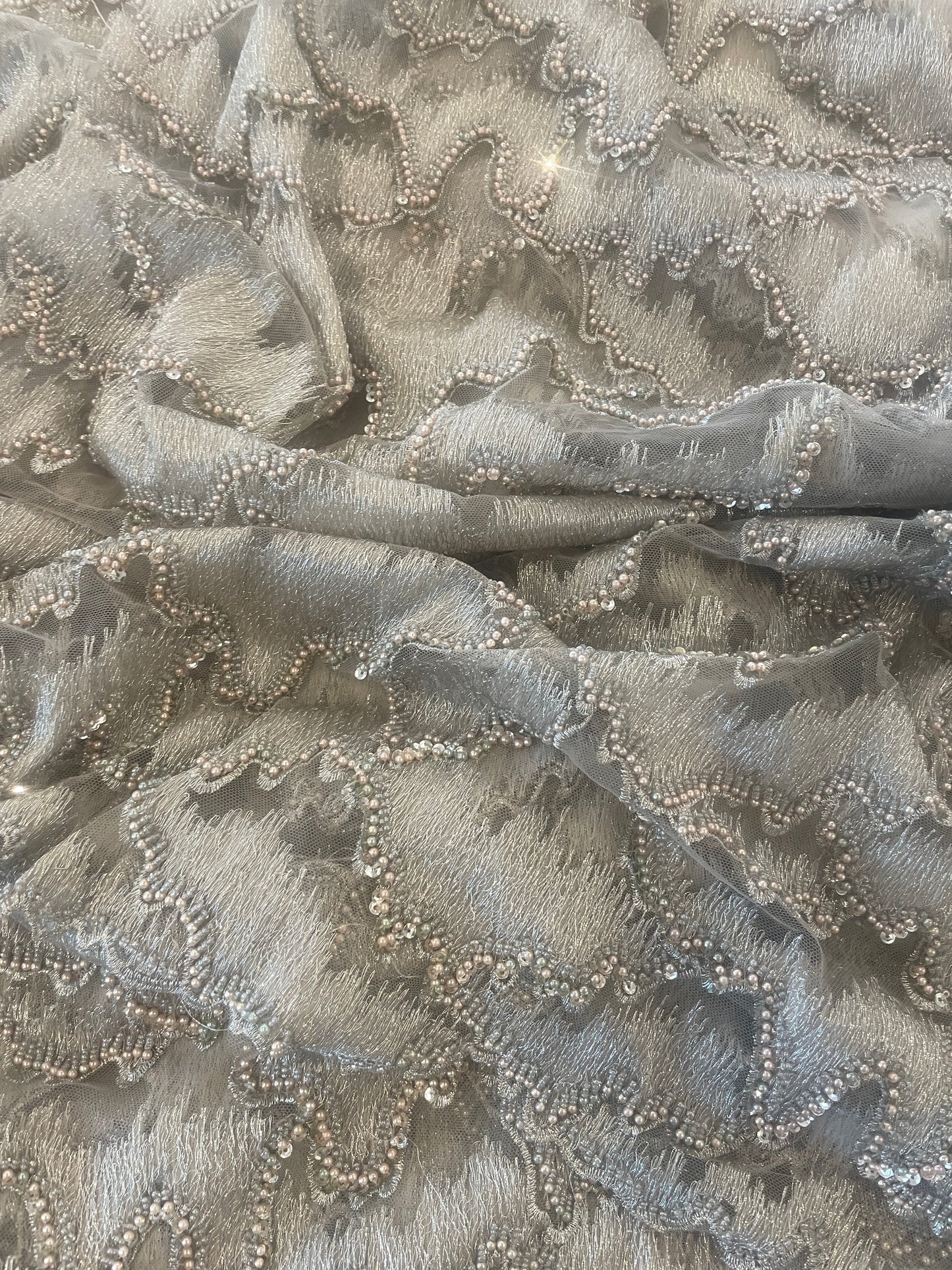 3.5m metallic silver beaded embroidered tulle