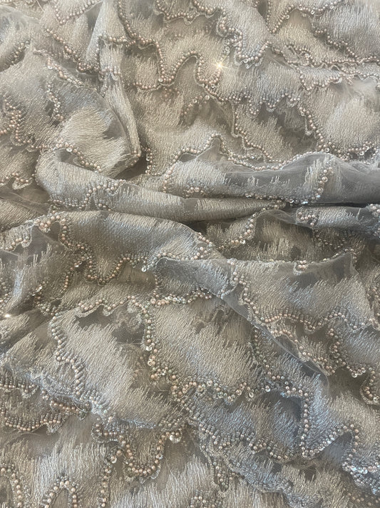 3.5m metallic silver beaded embroidered tulle