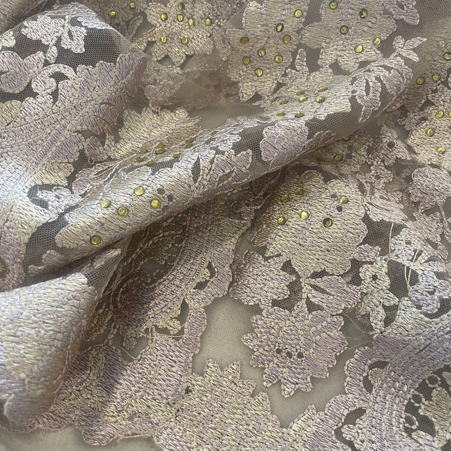 Montana gold diamanté studded embroidered tulle