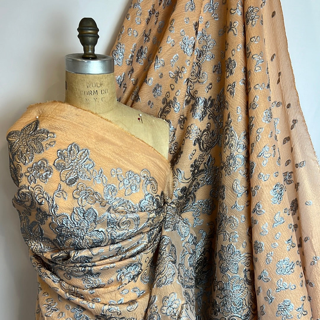 Pewter Peach Boarder Soft Silk Blend Cloque Brocade