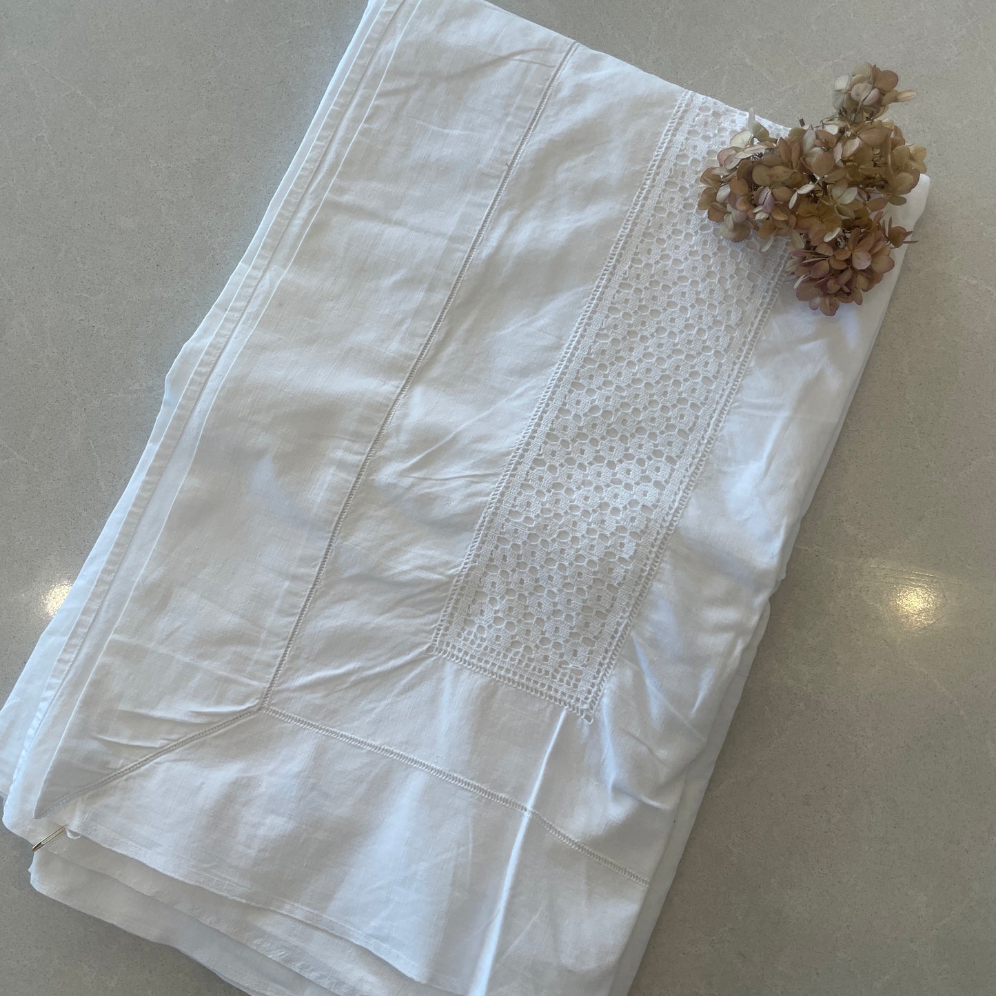 Hand worked heirloom lace insert cotton sheet