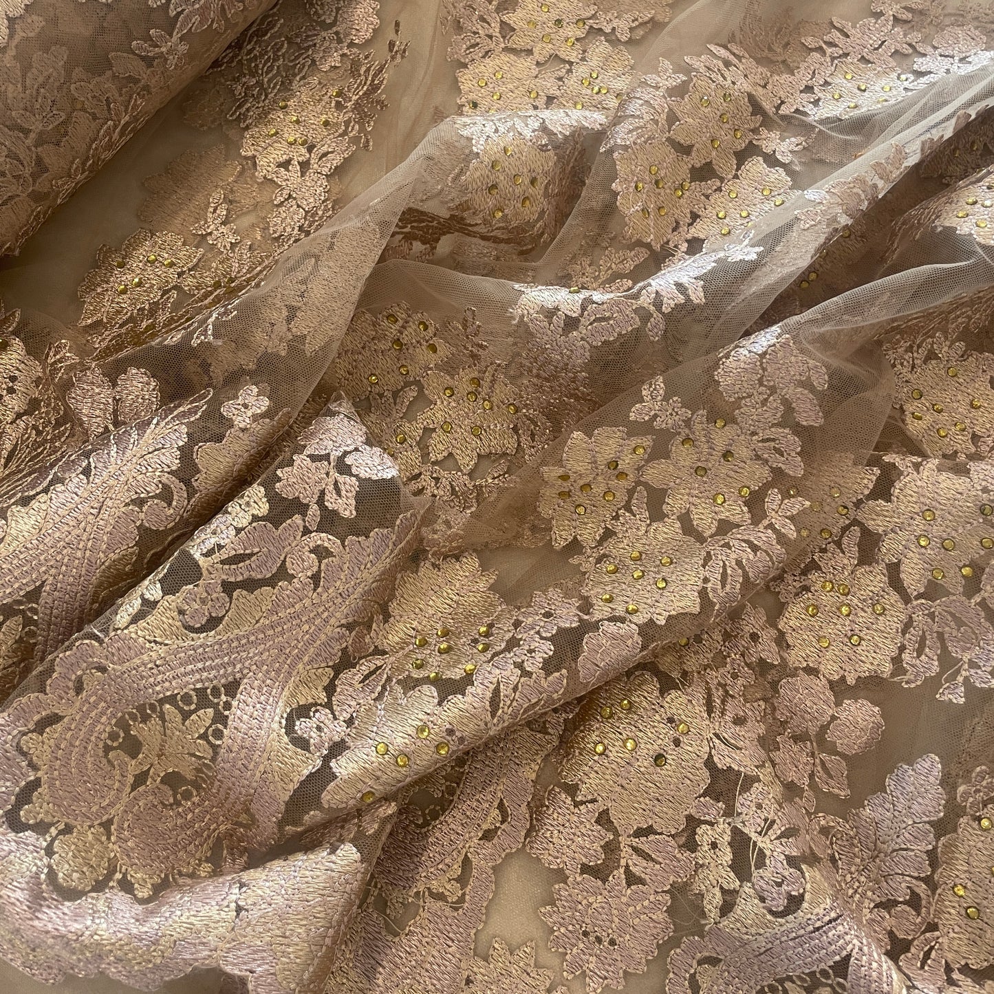Montana gold diamanté studded embroidered tulle