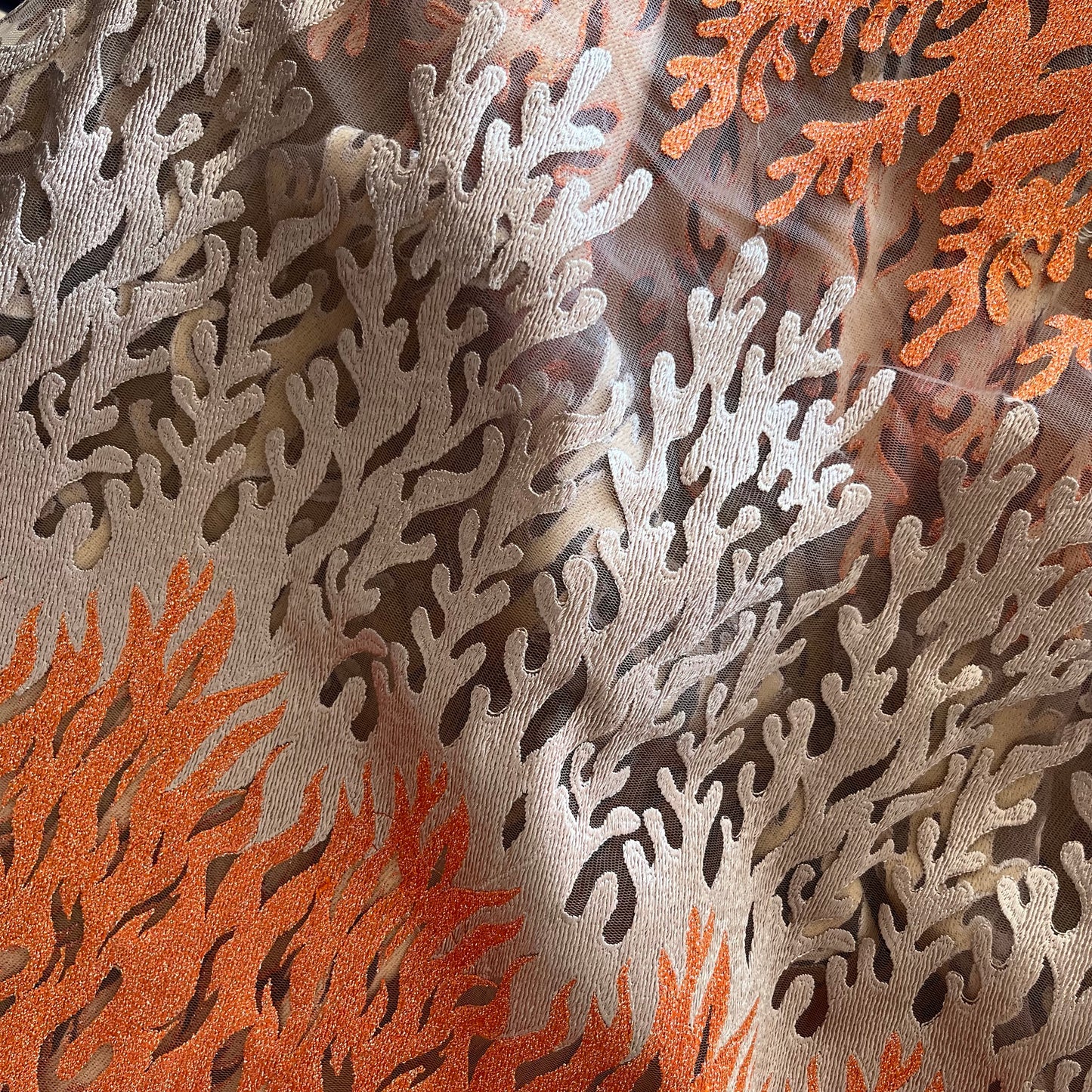 1.4m Dusty pink + Orange Embroidered Lurex tulle poly Lurex