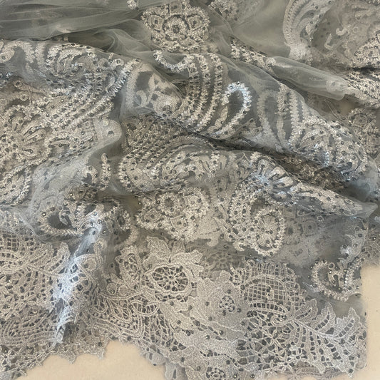 4.6m metallic silver diamante studded embroidered tulle