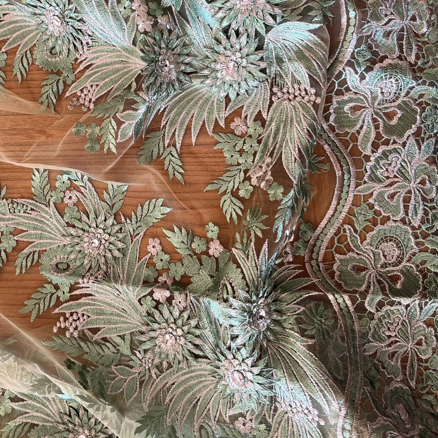 1.8m Sage and Silver embroidered 3D mesh with diamantés poly lurex