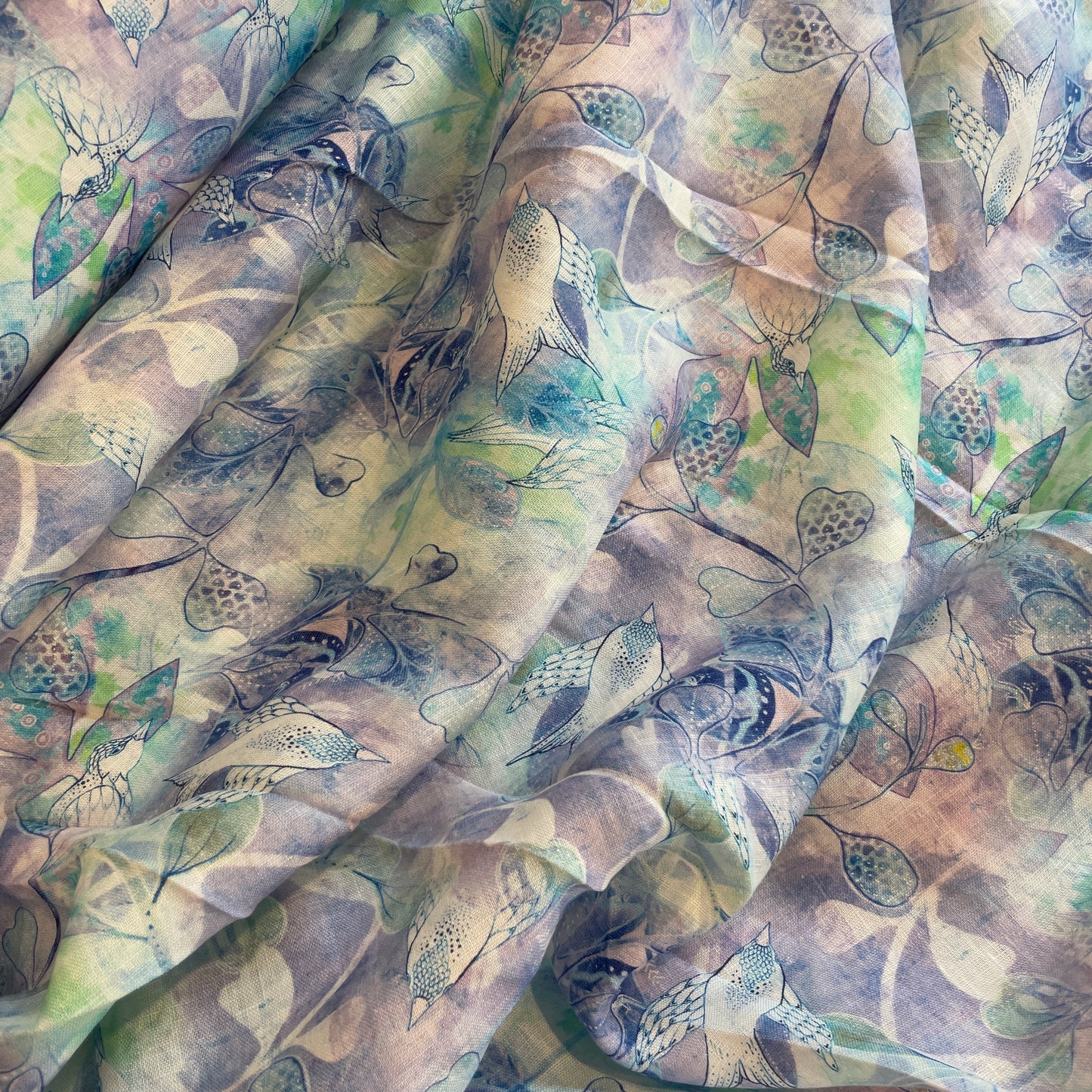 Watercolour birds mid weight linen