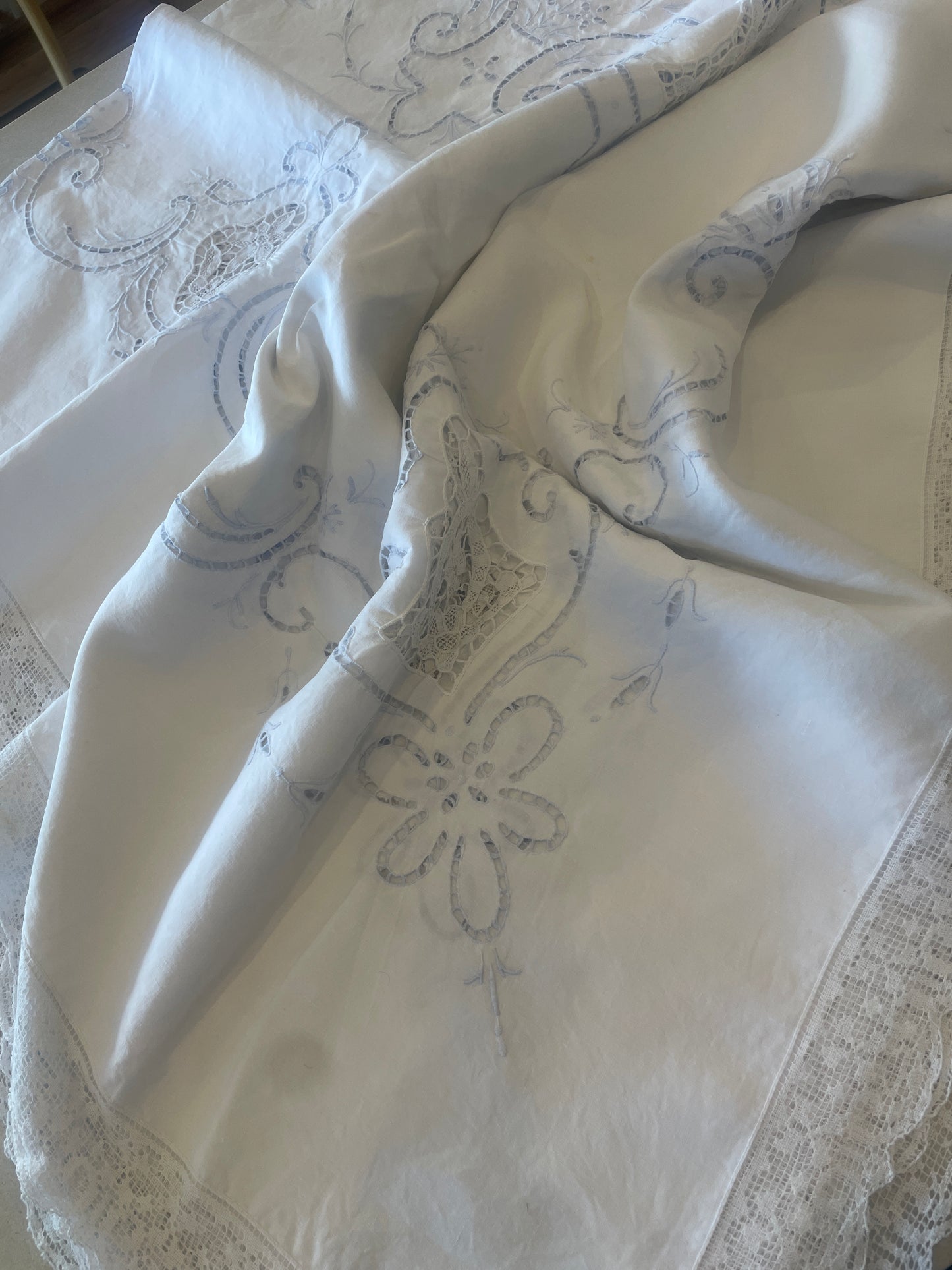 vintage palest blue cutwork embroidery table cloth