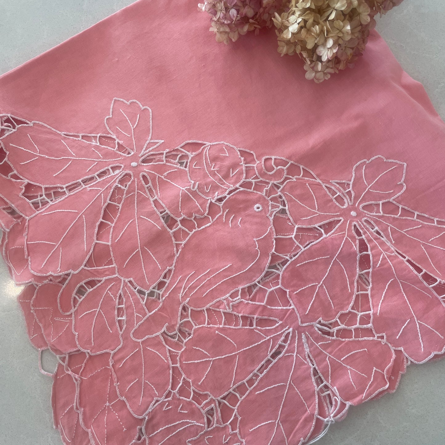 vintage pink birds cut work tea cloth
