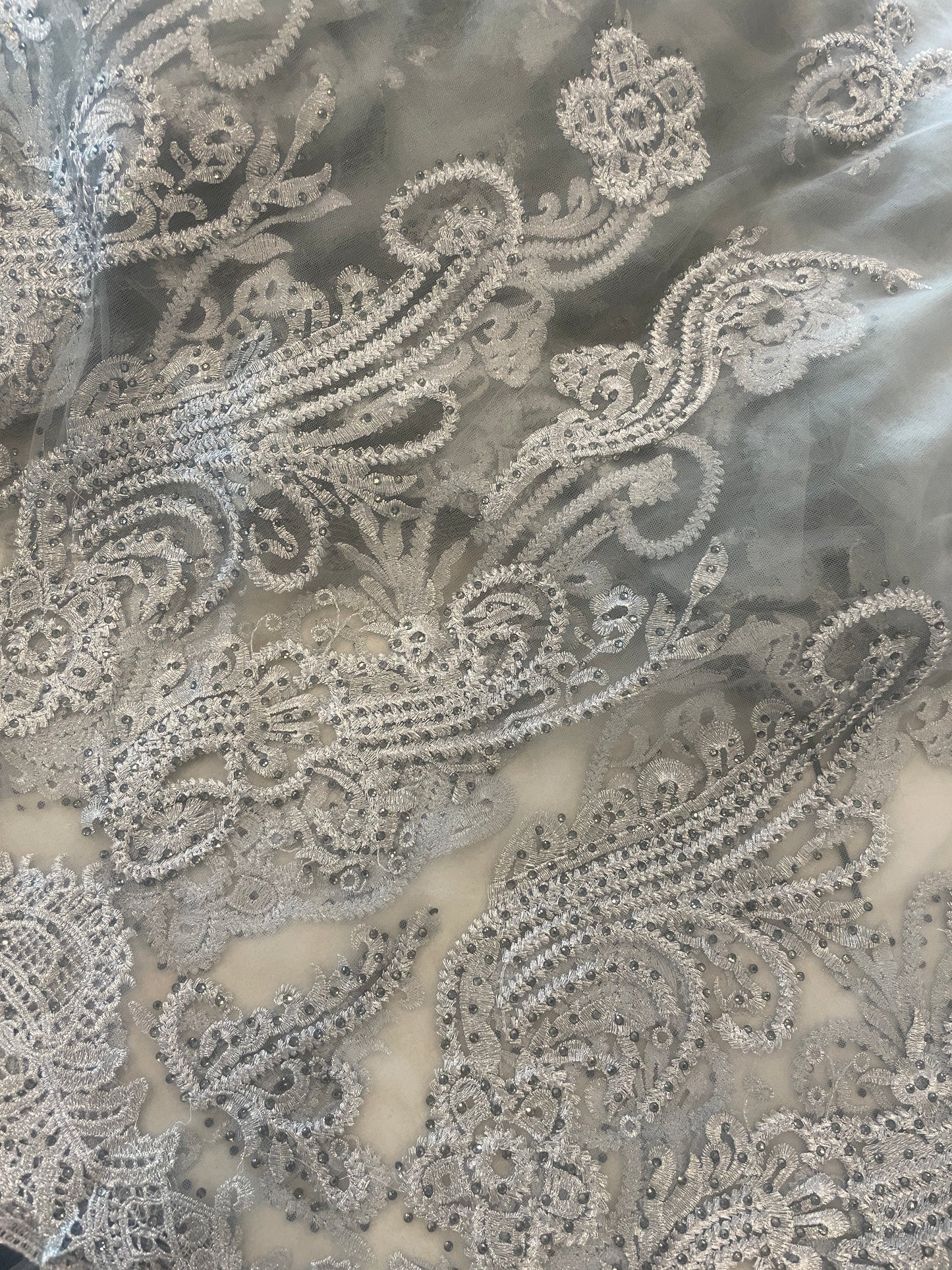 4.6m metallic silver diamante studded embroidered tulle