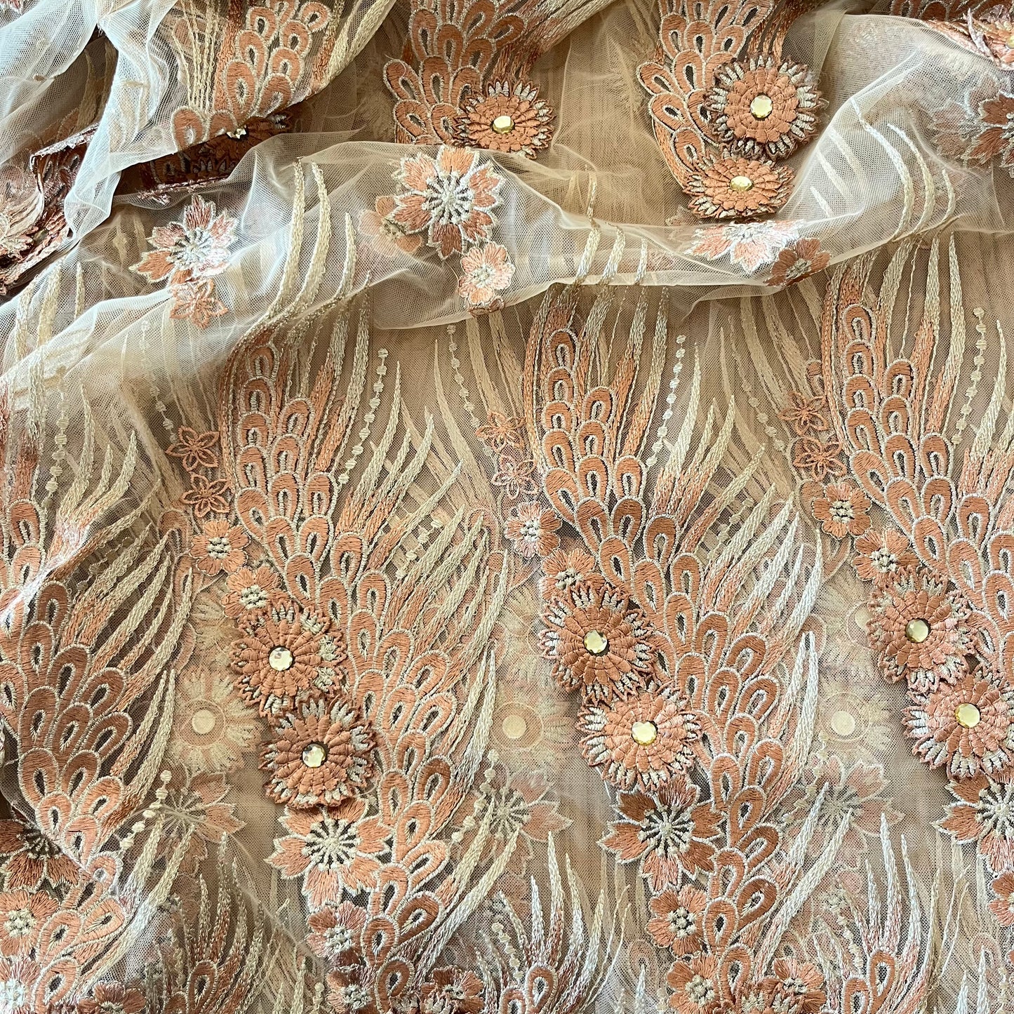 1.9m Teracotta 3D Embroidered Diamanté Mesh poly Lurex