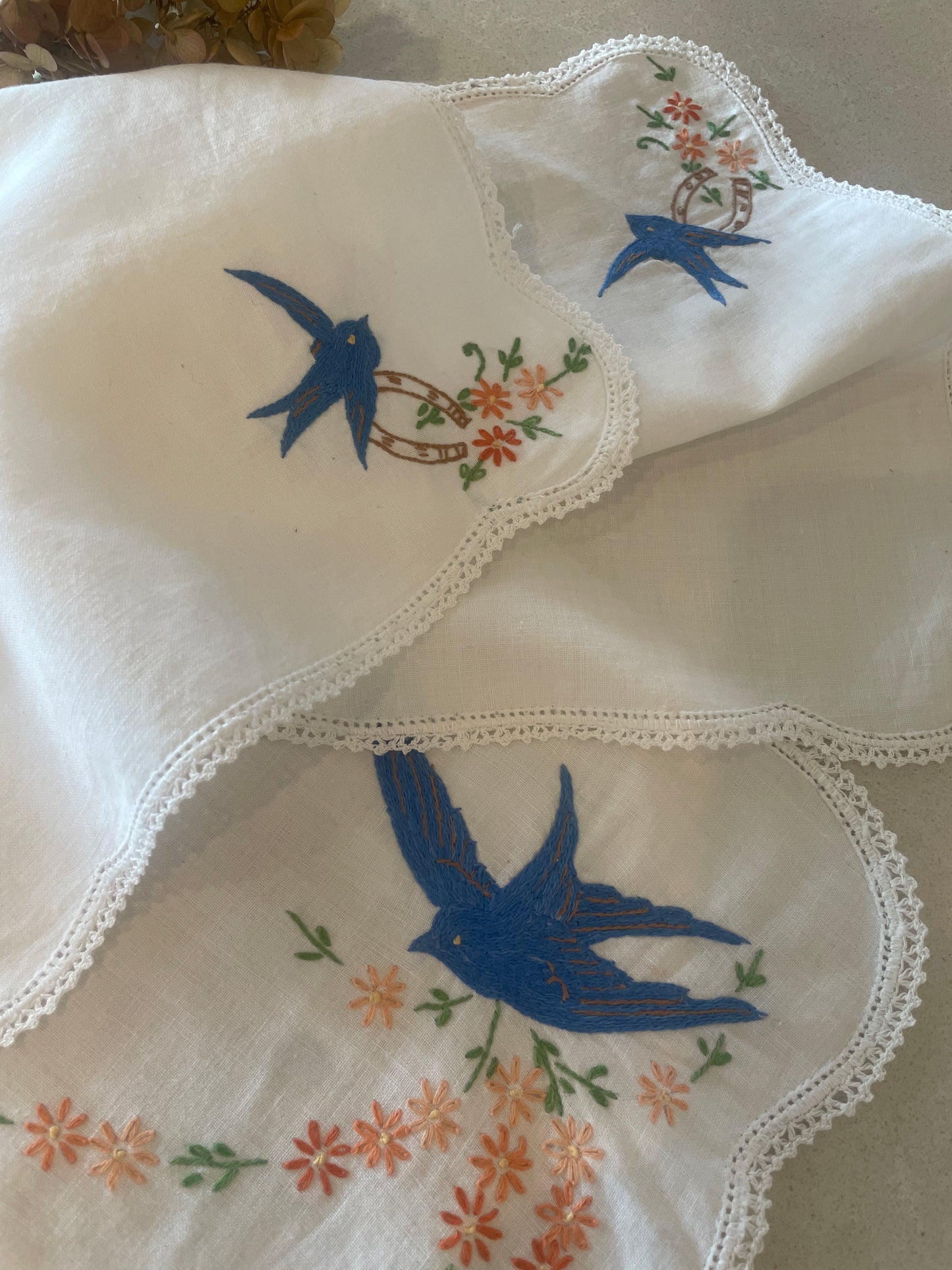 Set of 3 vintage embroidered blue bird doilies