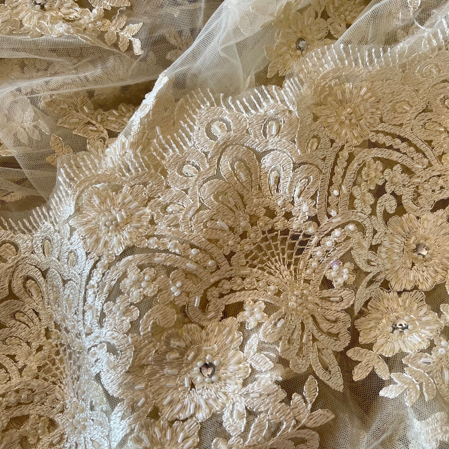 3.8m Cream Embroidered Motif Beaded Tulle