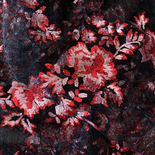 1.3 m Red Pink Sequin Floral Tulle Lace